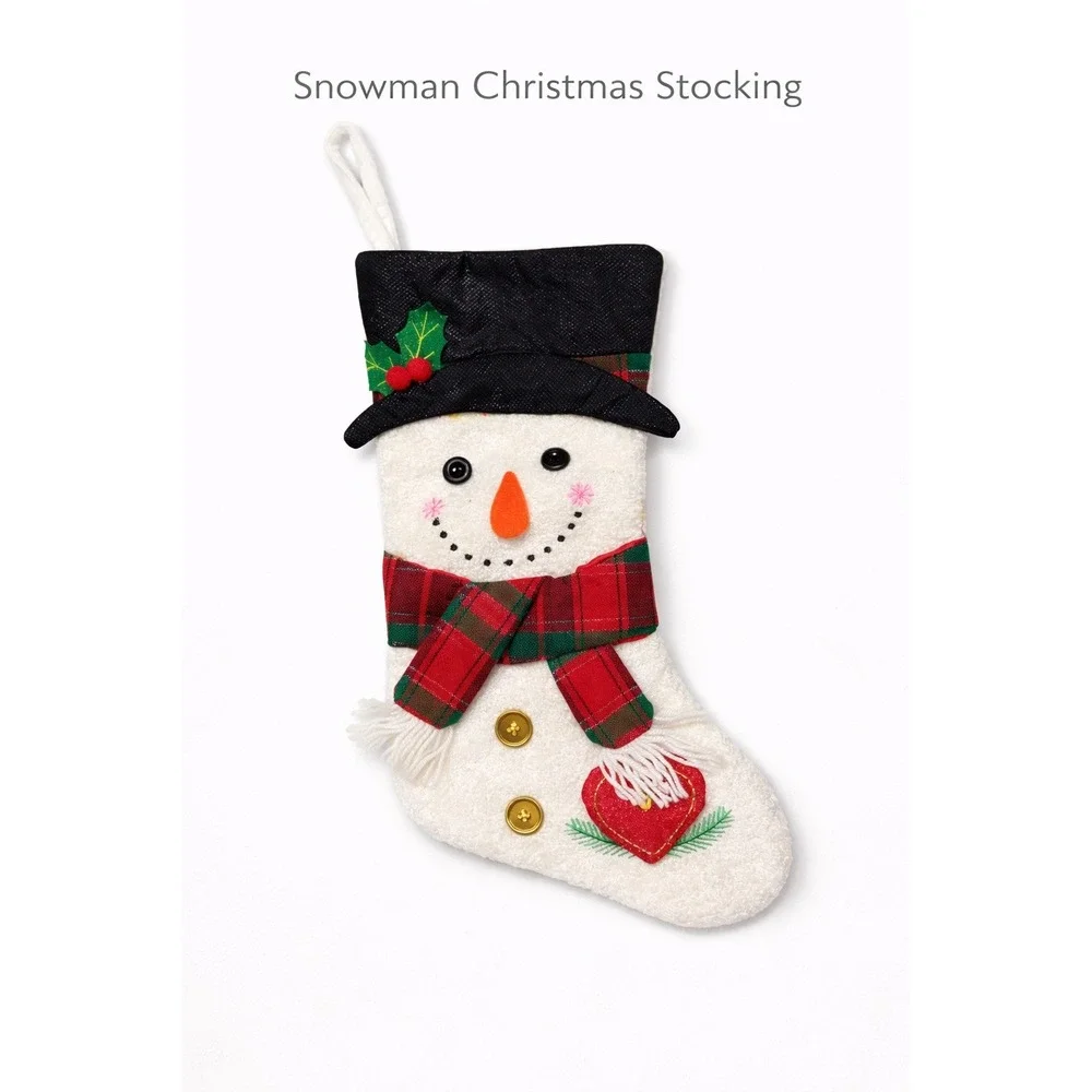 Snowman Christmas Stocking White Red Plaid‎ Scarf Top Hat Holiday Mantel Decor